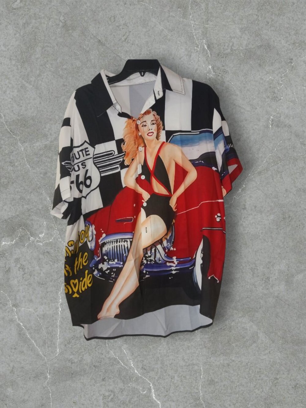 Vintage Route 66 Pin-Up Girl Button-Up Shirt XL Retro Rockabilly Camp Shirt